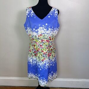 Tahari Arthur S Levine Blue Floral Sleeveless V-Neck Dress Pockets Size 14